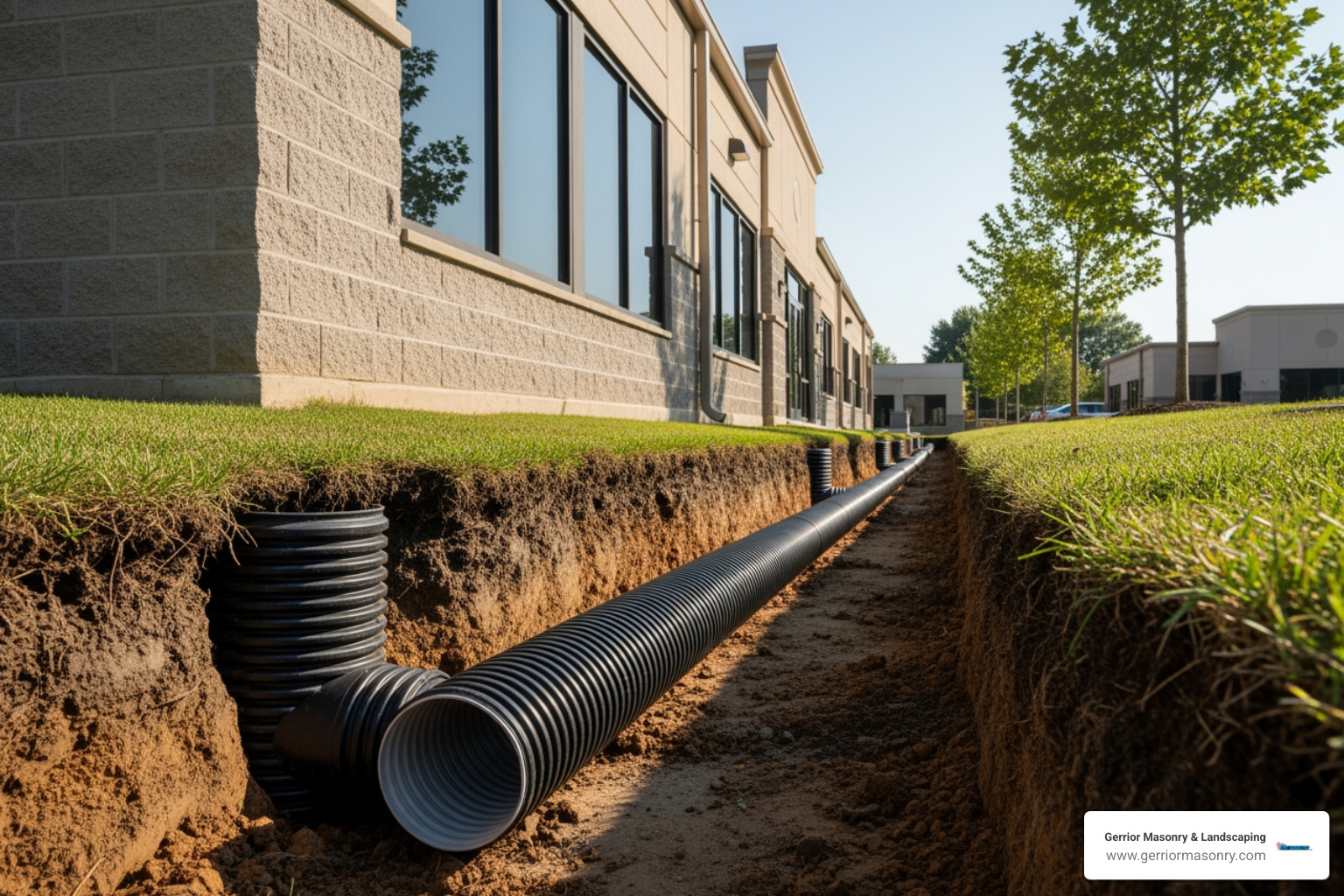 professionally installed underground drainage pipe leading away from a building foundation - downspout drainage systems