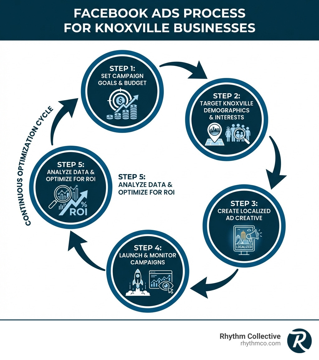 Infographic showing the Facebook ads process for Knoxville businesses: Step 1 - Set campaign goals and budget, Step 2 - Target Knoxville demographics and interests, Step 3 - Create localized ad creative, Step 4 - Launch and monitor campaigns, Step 5 - Analyze data and optimize for ROI, with icons representing each step and arrows showing the continuous optimization cycle - Facebook ads Knoxville infographic Infographic showing the Facebook ads process for Knoxville businesses: Step 1 - Set campaign goals and budget, Step 2 - Target Knoxville demographics and interests, Step 3 - Create localized ad creative, Step 4 - Launch and monitor campaigns, Step 5 - Analyze data and optimize for ROI, with icons representing each step and arrows showing the continuous optimization cycle - Facebook ads Knoxville infographic