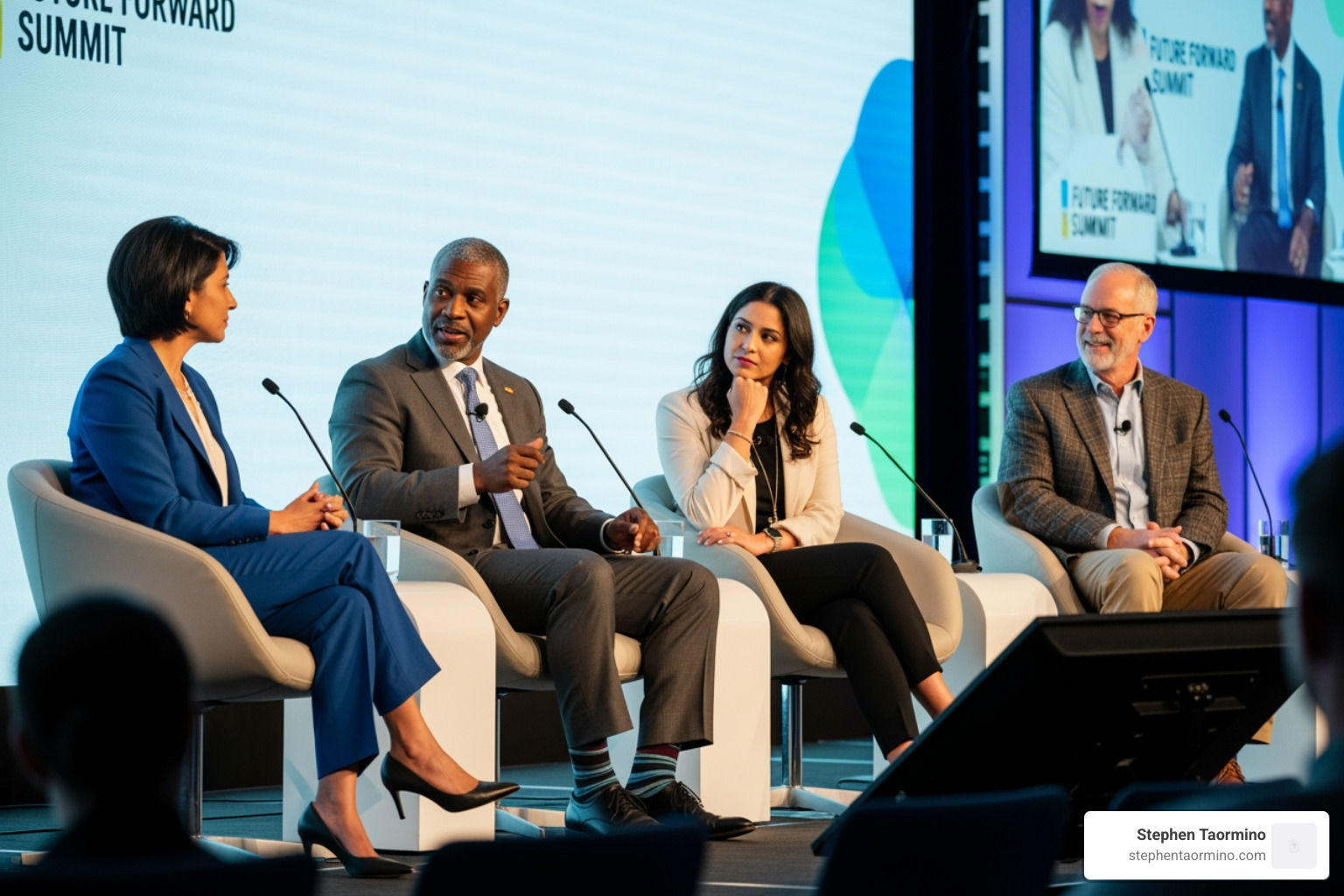 Panelists actively listening and engaging with each other on stage, demonstrating best practices. - speaking at a panel