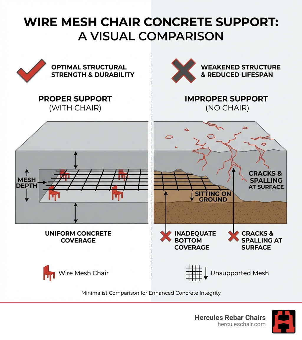 Infographic comparing concrete cross-sections: one showing properly elevated wire mesh with a chair creating uniform concrete coverage above and below the reinforcement versus improperly supported mesh sitting on the ground with inadequate bottom coverage, resulting in cracks and spalling at the surface - wire mesh chair concrete infographic Infographic comparing concrete cross-sections: one showing properly elevated wire mesh with a chair creating uniform concrete coverage above and below the reinforcement versus improperly supported mesh sitting on the ground with inadequate bottom coverage, resulting in cracks and spalling at the surface - wire mesh chair concrete infographic