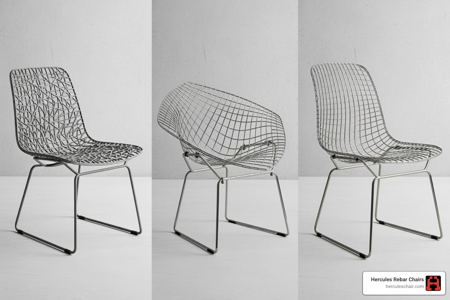 Side-by-side comparison of a plastic chair, a steel chair, and a continuous chair - wire mesh chair concrete Side-by-side comparison of a plastic chair, a steel chair, and a continuous chair - wire mesh chair concrete