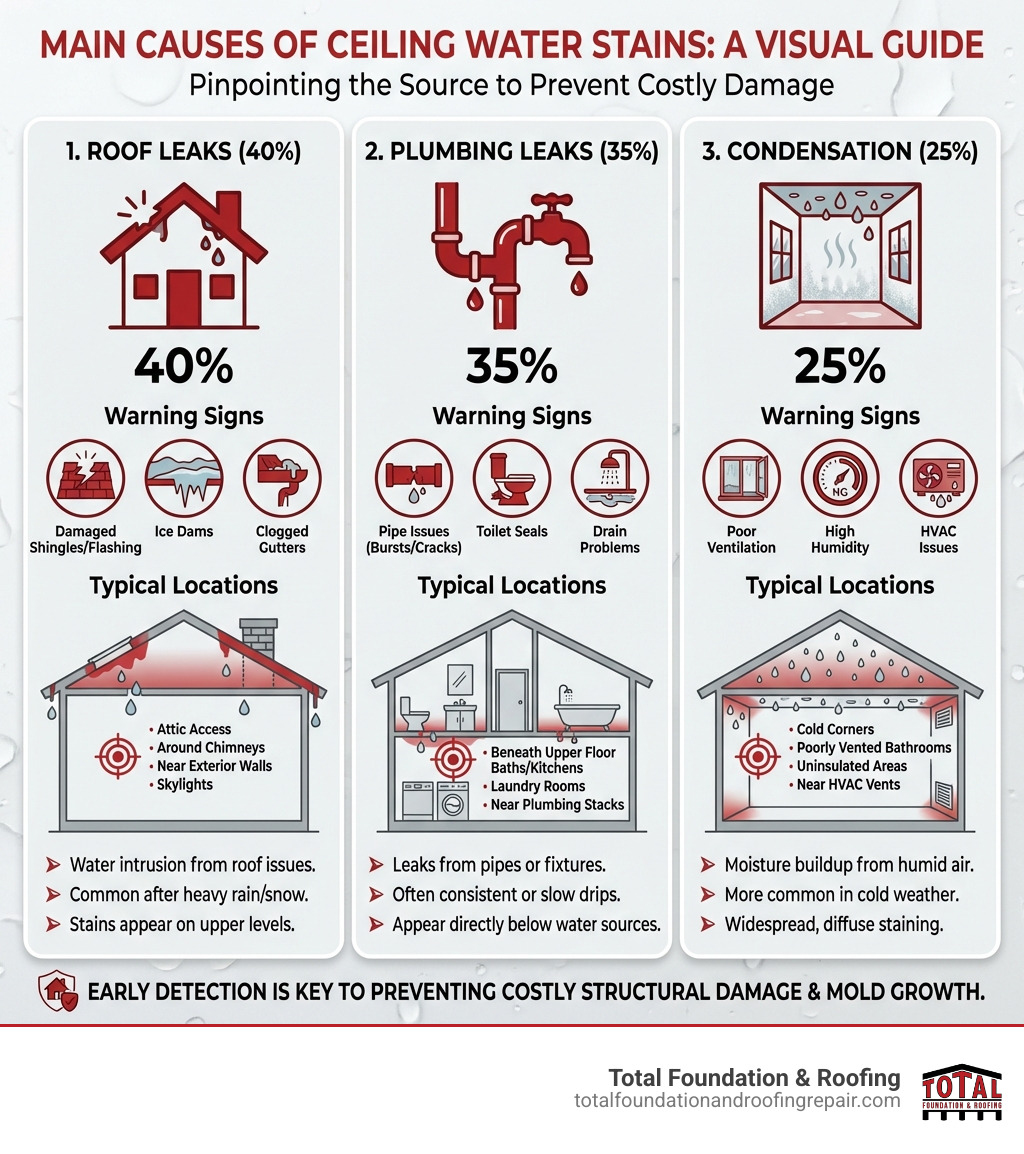 Infographic showing three main causes of ceiling water stains: 1. Roof Leaks (damaged shingles, faulty flashing, ice dams) with 40% frequency, 2. Plumbing Leaks (pipe issues, toilet seals, drain problems) with 35% frequency, and 3. Condensation (poor ventilation, high humidity, HVAC issues) with 25% frequency. Each cause includes warning signs and typical locations where stains appear. - Damp spot on ceiling infographic Infographic showing three main causes of ceiling water stains: 1. Roof Leaks (damaged shingles, faulty flashing, ice dams) with 40% frequency, 2. Plumbing Leaks (pipe issues, toilet seals, drain problems) with 35% frequency, and 3. Condensation (poor ventilation, high humidity, HVAC issues) with 25% frequency. Each cause includes warning signs and typical locations where stains appear. - Damp spot on ceiling infographic