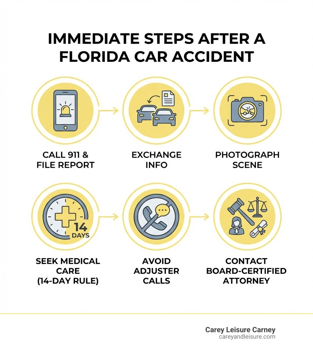 Infographic showing immediate steps after a Florida car accident: call 911, exchange information, photograph the scene, seek medical care within 14 days, avoid insurance adjuster calls, and contact a board-certified attorney - Car accident lawyer Largo infographic 