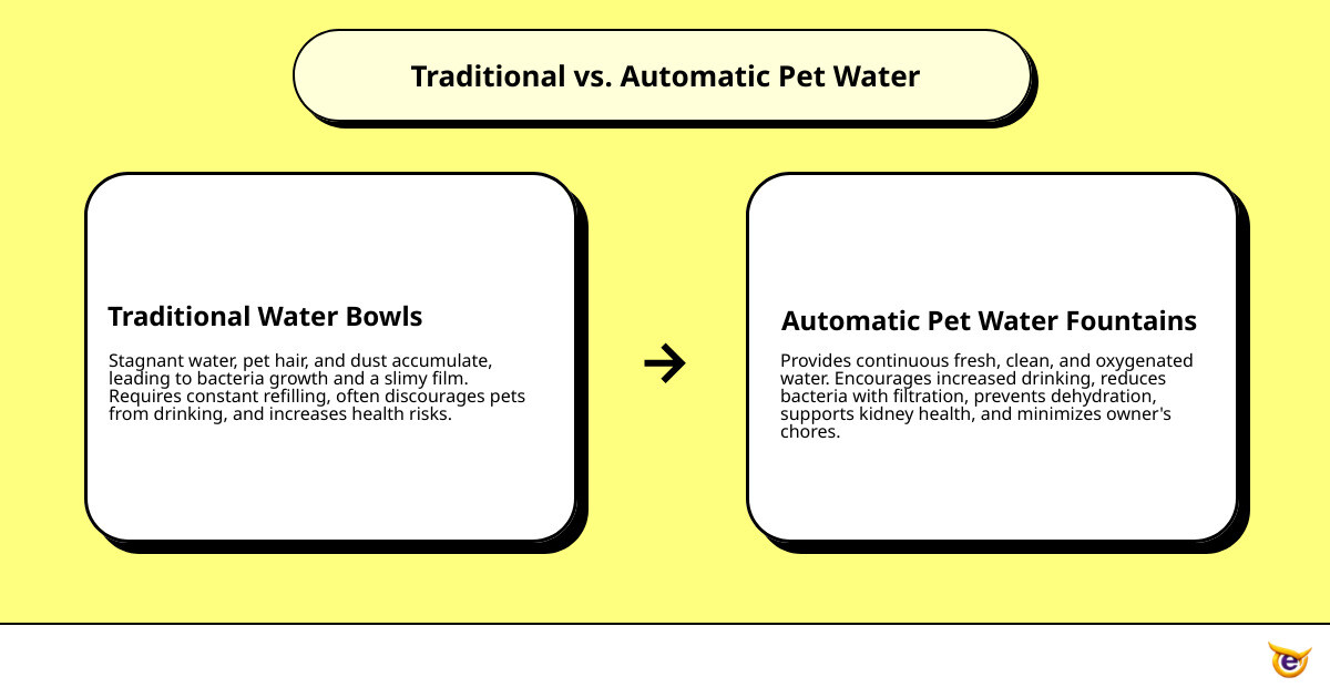 infographic showing the comparison between traditional water bowls and automatic pet water fountains, including benefits like increased pet drinking frequency, reduced bacteria growth from circulation, less frequent refilling required, built-in filtration systems removing debris and odors, and prevention of dehydration-related health issues - automatic pet water infographic cause_effect_text infographic showing the comparison between traditional water bowls and automatic pet water fountains, including benefits like increased pet drinking frequency, reduced bacteria growth from circulation, less frequent refilling required, built-in filtration systems removing debris and odors, and prevention of dehydration-related health issues - automatic pet water infographic cause_effect_text