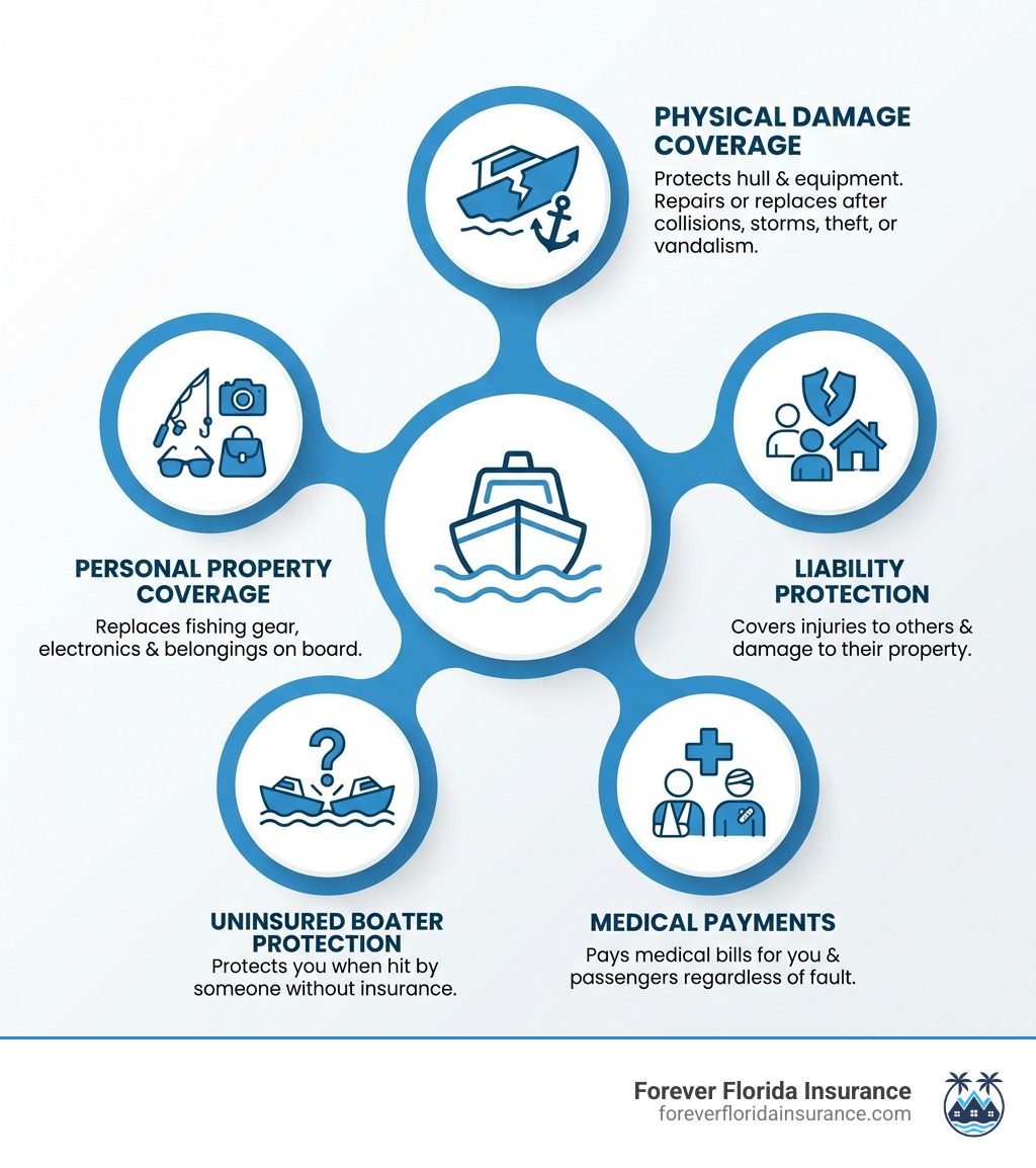 infographic showing five core components of boat insurance: physical damage coverage protecting the hull and equipment, liability coverage for injuries and property damage to others, medical payments for you and passengers, uninsured boater protection, and personal property coverage for belongings on board infographic showing five core components of boat insurance: physical damage coverage protecting the hull and equipment, liability coverage for injuries and property damage to others, medical payments for you and passengers, uninsured boater protection, and personal property coverage for belongings on board