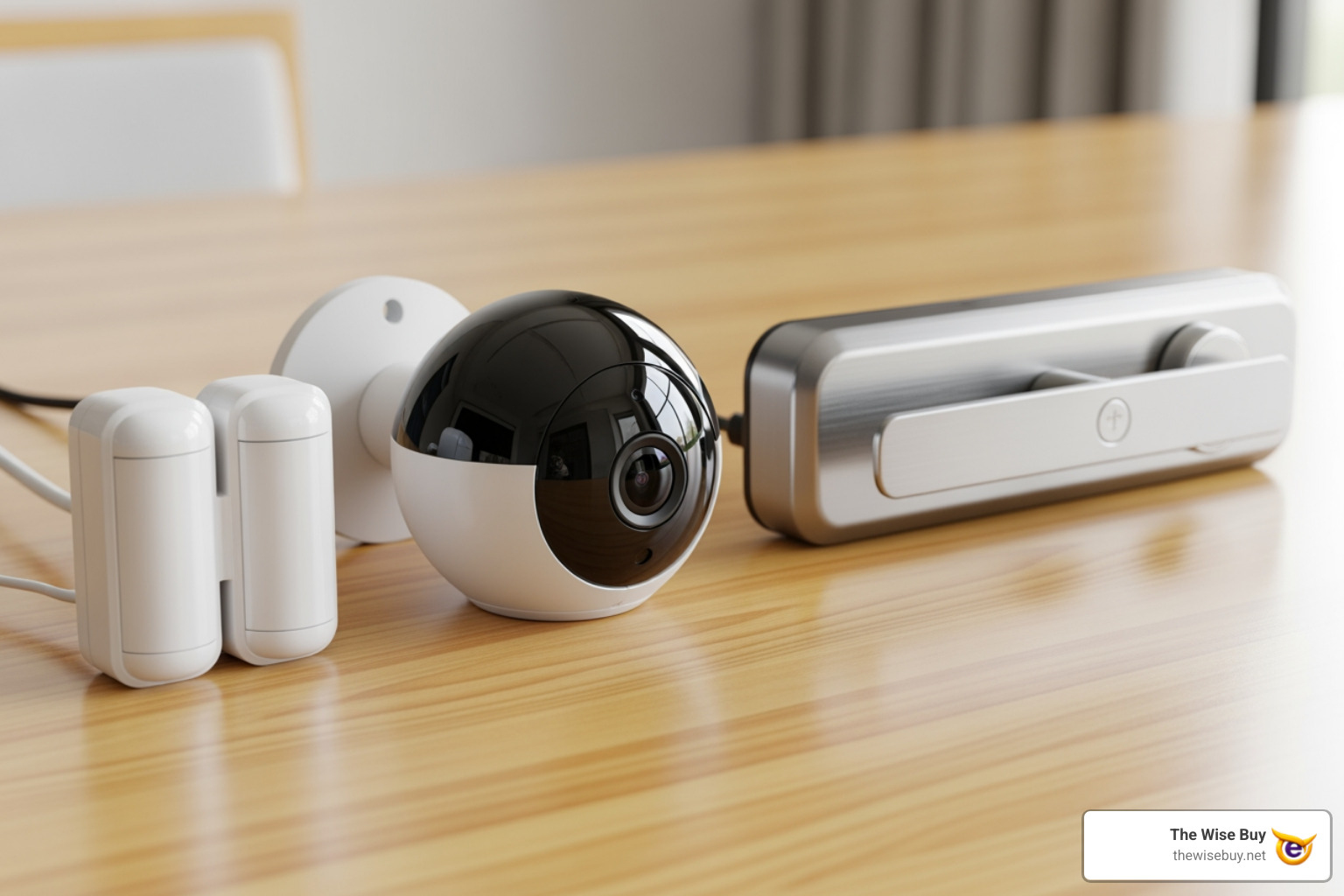 various security components like a camera, sensor, and smart lock arranged neatly - smart home security kit various security components like a camera, sensor, and smart lock arranged neatly - smart home security kit