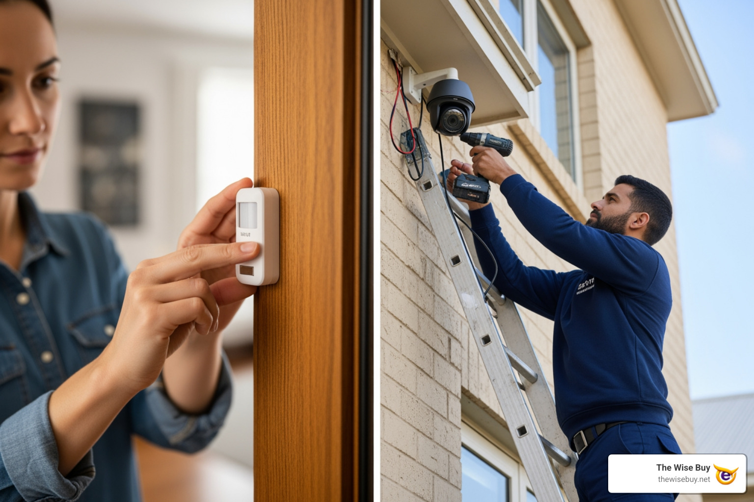person easily placing a sensor (DIY) next to a technician installing a camera (Professional) - smart home security kit person easily placing a sensor (DIY) next to a technician installing a camera (Professional) - smart home security kit