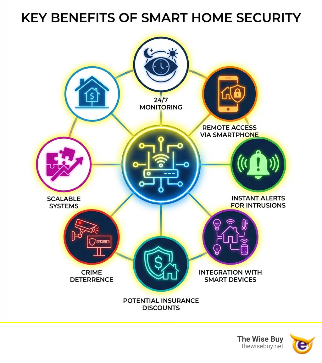 infographic showing key benefits of smart home security: 24/7 monitoring, remote access via smartphone, instant alerts for intrusions, integration with smart home devices, potential insurance discounts, crime deterrence with visible cameras and yard signs, and scalable systems that grow with your needs - smart home security kit infographic infographic showing key benefits of smart home security: 24/7 monitoring, remote access via smartphone, instant alerts for intrusions, integration with smart home devices, potential insurance discounts, crime deterrence with visible cameras and yard signs, and scalable systems that grow with your needs - smart home security kit infographic