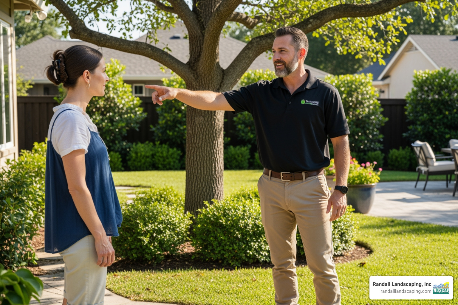 a landscaper consulting with a homeowner in their yard, pointing at different areas - reliable landscape company
