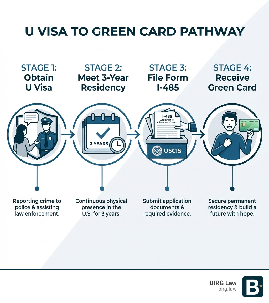 Infographic showing the U Visa to Green Card pathway: Stage 1 shows "Obtain U Visa" with a person reporting crime to police; Stage 2 shows "Meet 3-Year Residency" with a calendar marking 3 years of continuous presence; Stage 3 shows "File Form I-485" with application documents being submitted to USCIS; Stage 4 shows "Receive Green Card" with a person holding their permanent resident card with relief and hope - u visa to green card infographic 