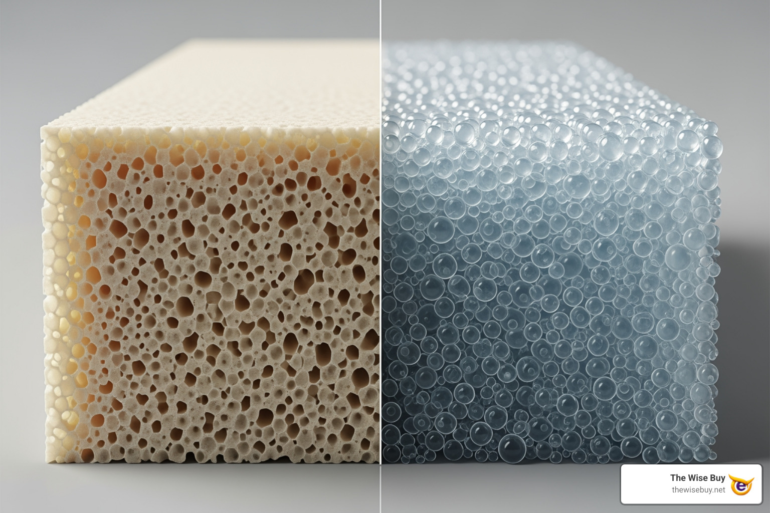 Illustration showing the difference between standard memory foam and infused memory foam, with infused foam appearing to have small gel particles and a lighter tint - gel and aloe infused memory foam topper