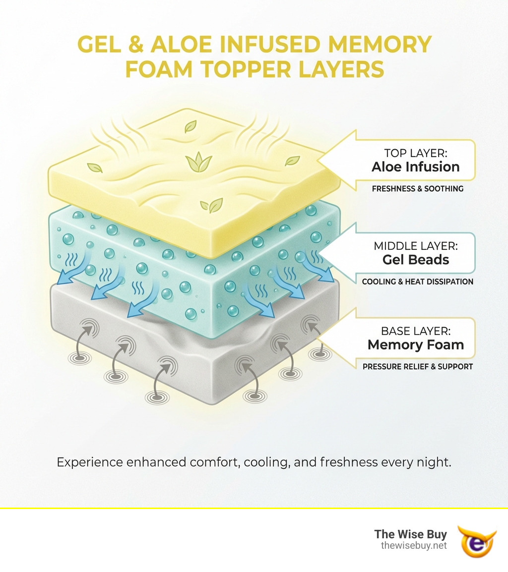 Infographic showing the layers of a gel and aloe infused memory foam topper: top layer with aloe infusion for freshness, middle layer with gel beads for cooling, and base memory foam layer for pressure relief and support - gel and aloe infused memory foam topper infographic 