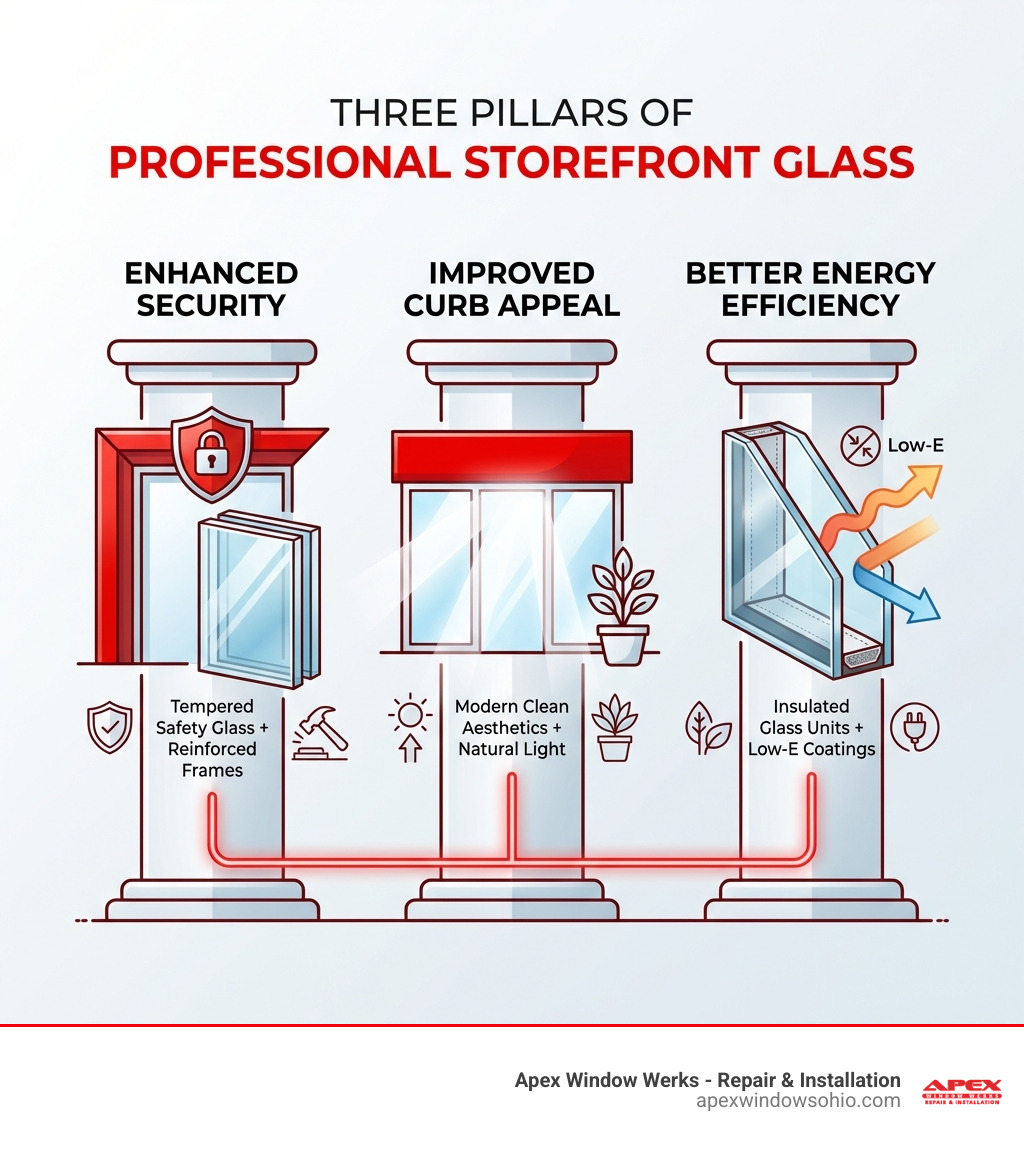 infographic showing three pillars of professional storefront glass: enhanced security with tempered safety glass and reinforced frames, improved curb appeal with modern clean aesthetics and natural light, and better energy efficiency through insulated glass units and low-e coatings - storefront glass companies near me infographic 