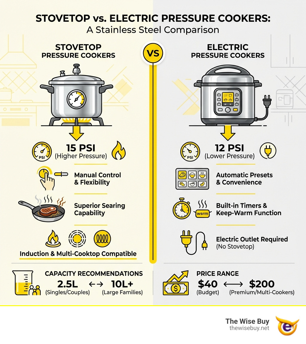 Infographic comparing stovetop and electric pressure cookers, showing stovetop models with higher PSI (15), manual control, better searing capability, and induction compatibility versus electric models with automatic presets, built-in timers, keep-warm function, and lower PSI (12), including capacity recommendations and price ranges for each type - stainless steel pressure cooker infographic 