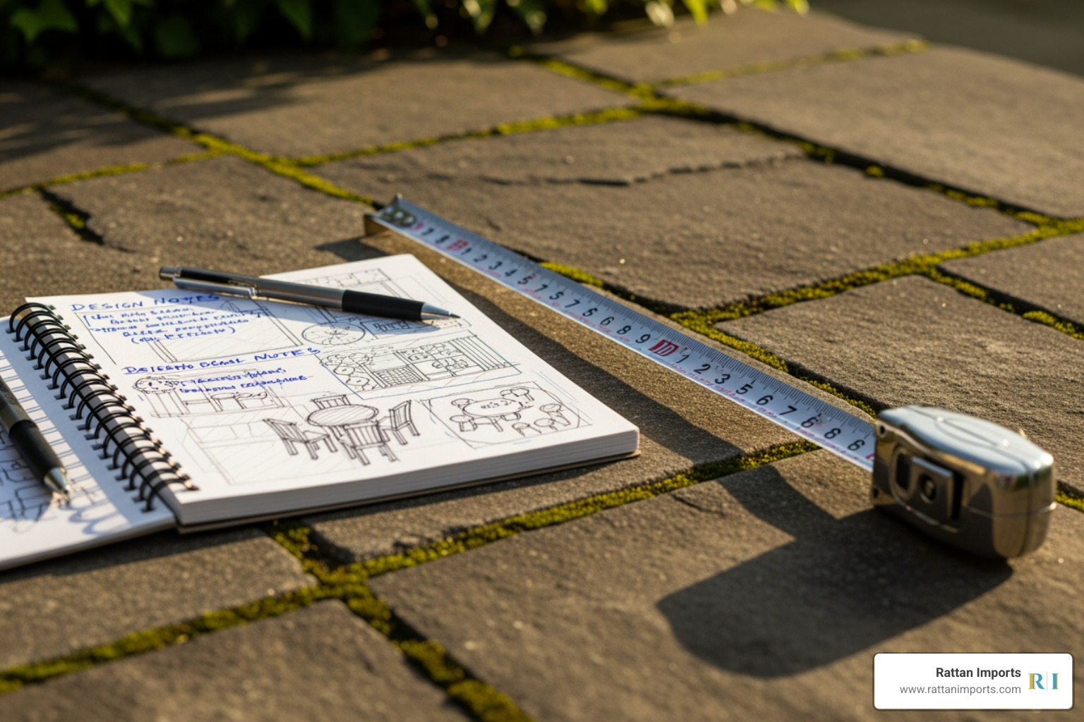 measuring tape on a patio with a sketchpad - how to create an outdoor dining area measuring tape on a patio with a sketchpad - how to create an outdoor dining area