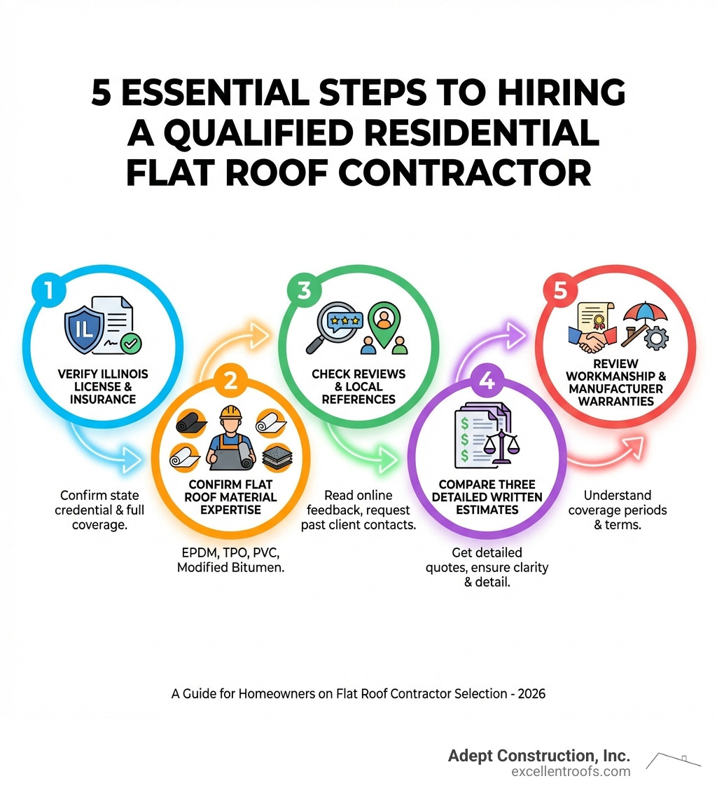 Infographic showing the 5 essential steps to hiring a qualified residential flat roof contractor: Step 1 - Verify Illinois license and insurance, Step 2 - Confirm flat roof material expertise (EPDM, TPO, PVC, Modified Bitumen), Step 3 - Check reviews and local references, Step 4 - Compare three detailed written estimates, Step 5 - Review workmanship and manufacturer warranties - residential flat roof contractors infographic 