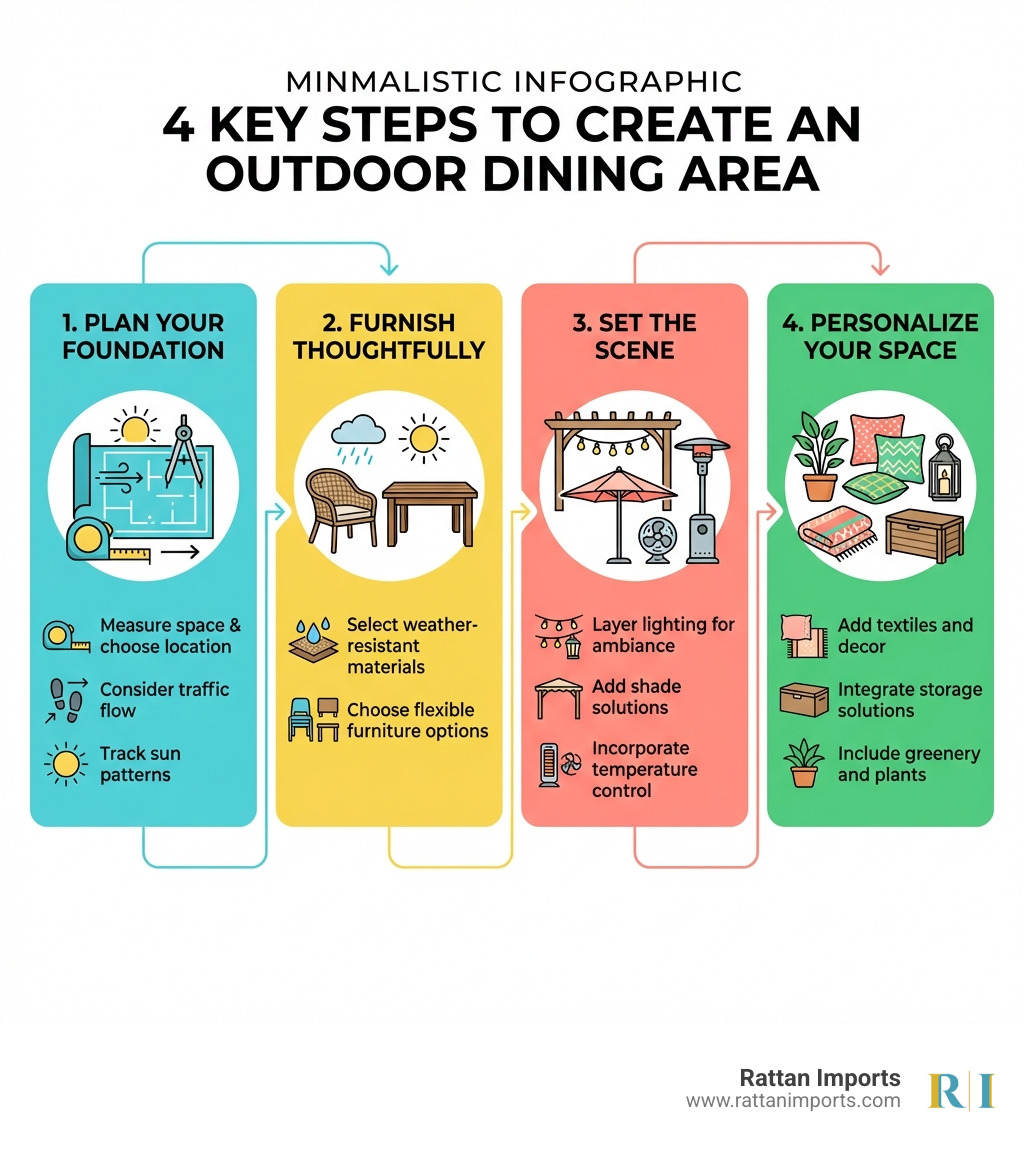 Infographic showing 4 key steps to create an outdoor dining area: 1. Plan Your Foundation - measure space, choose location, consider traffic flow and sun patterns, 2. Furnish Thoughtfully - select weather-resistant materials like all-weather wicker or teak, choose flexible furniture options, 3. Set the Scene - layer lighting for ambiance, add shade solutions like pergolas or umbrellas, incorporate temperature control, 4. Personalize Your Space - add textiles and decor, integrate storage solutions, include greenery and plants - how to create an outdoor dining area infographic Infographic showing 4 key steps to create an outdoor dining area: 1. Plan Your Foundation - measure space, choose location, consider traffic flow and sun patterns, 2. Furnish Thoughtfully - select weather-resistant materials like all-weather wicker or teak, choose flexible furniture options, 3. Set the Scene - layer lighting for ambiance, add shade solutions like pergolas or umbrellas, incorporate temperature control, 4. Personalize Your Space - add textiles and decor, integrate storage solutions, include greenery and plants - how to create an outdoor dining area infographic