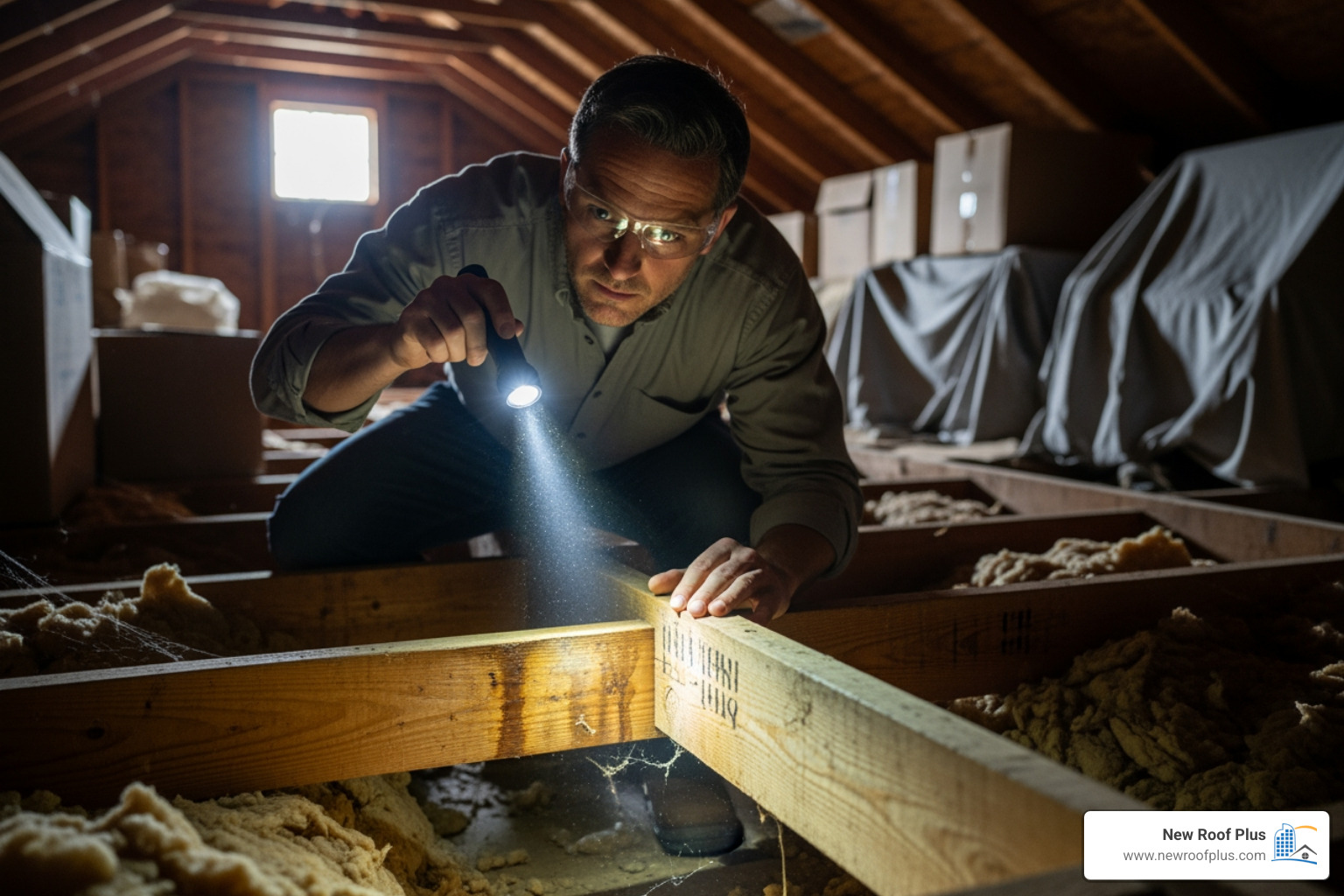 inspector examining attic for water leaks - Certified roof repair