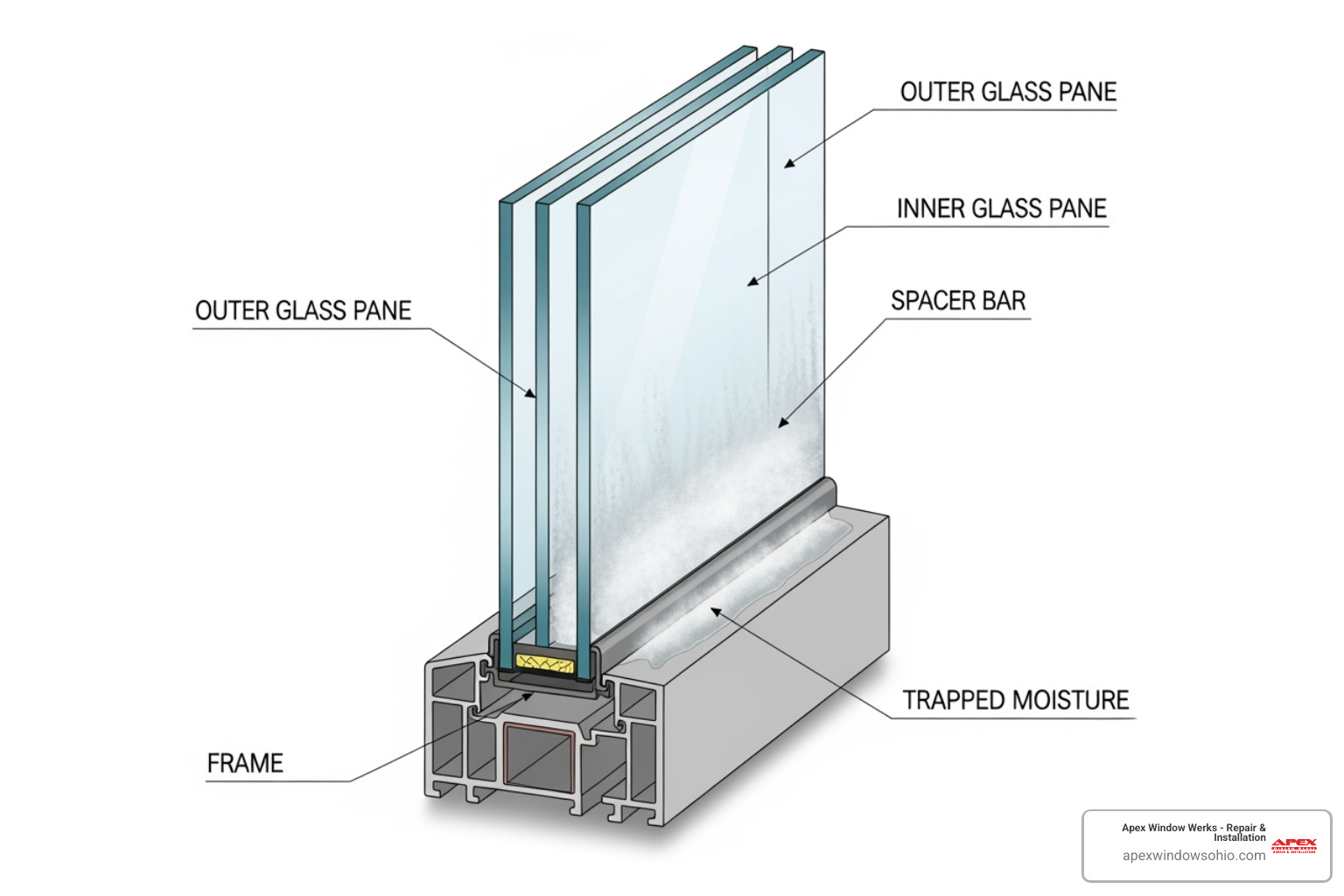 cross-section of double pane window with moisture trapped inside - fix hazy windows