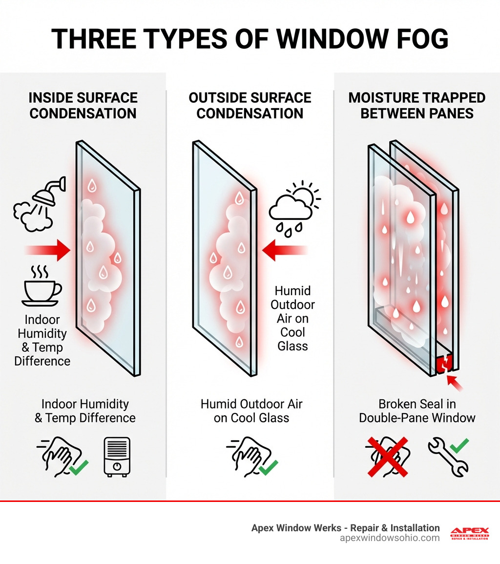 infographic showing three types of window fog: inside surface condensation caused by indoor humidity and temperature difference, outside surface condensation caused by humid outdoor air on cool glass, and moisture trapped between panes caused by broken seal in double-pane windows - fix hazy windows infographic 