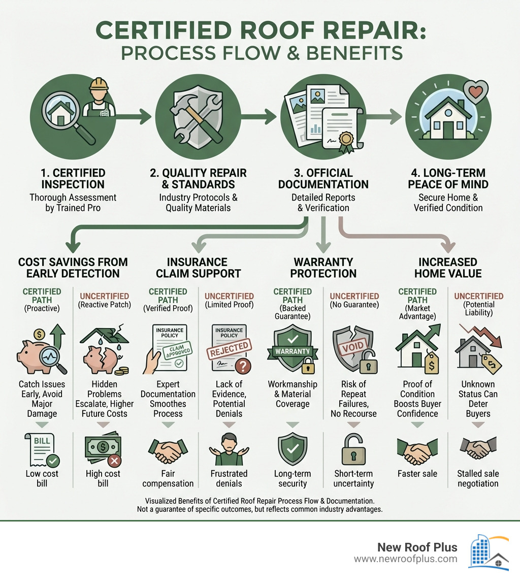 certified roof repair benefits infographic showing the process flow from inspection to documentation, highlighting cost savings from early detection, insurance claim support, warranty protection, and increased home value compared to uncertified repairs - Certified roof repair infographic 