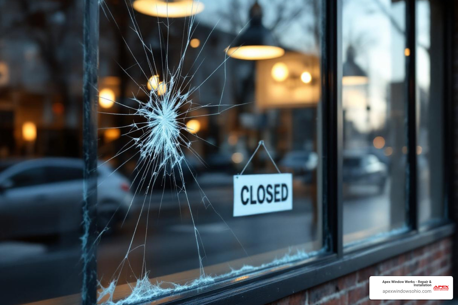 cracked storefront window with a "closed" sign - commercial glass repair