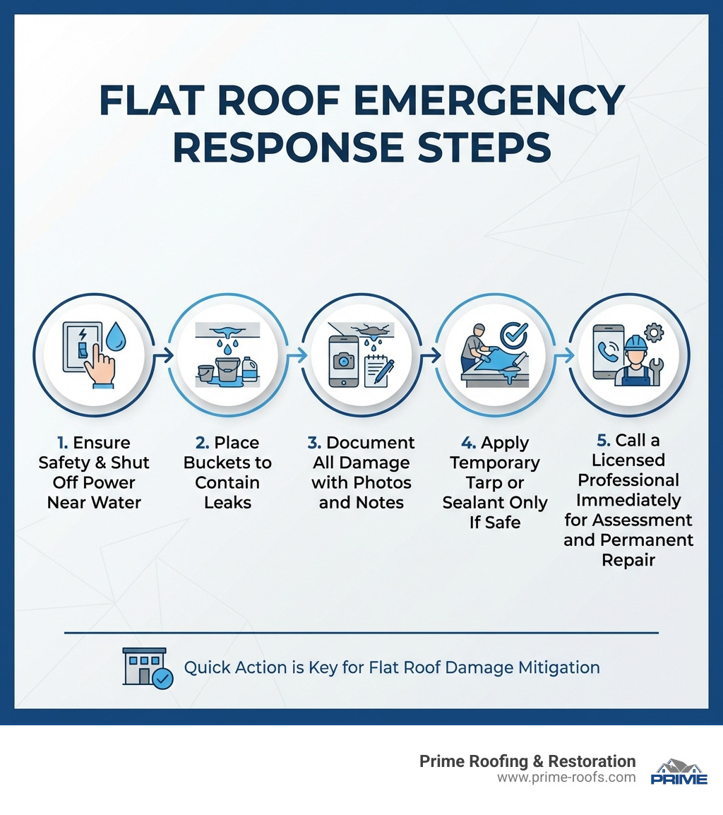 Infographic showing emergency response steps for flat roof leaks: 1. Ensure safety and shut off power near water, 2. Place buckets to contain leaks, 3. Document all damage with photos and notes, 4. Apply temporary tarp or sealant only if safe, 5. Call a licensed professional immediately for assessment and permanent repair - flat roof emergency repair infographic 