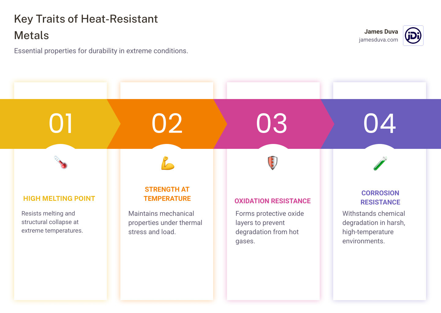 Infographic showing three key traits of heat-resistant metals: 1) High melting point - ability to resist melting at extreme temperatures, shown with a thermometer icon and temperature scale; 2) Strength at temperature - maintaining mechanical properties under thermal stress, illustrated with a load-bearing beam; 3) Oxidation resistance - forming protective oxide layers to prevent degradation, depicted with a shield protecting metal surface - heat resistant metals infographic pillar-4-steps Infographic showing three key traits of heat-resistant metals: 1) High melting point - ability to resist melting at extreme temperatures, shown with a thermometer icon and temperature scale; 2) Strength at temperature - maintaining mechanical properties under thermal stress, illustrated with a load-bearing beam; 3) Oxidation resistance - forming protective oxide layers to prevent degradation, depicted with a shield protecting metal surface - heat resistant metals infographic pillar-4-steps