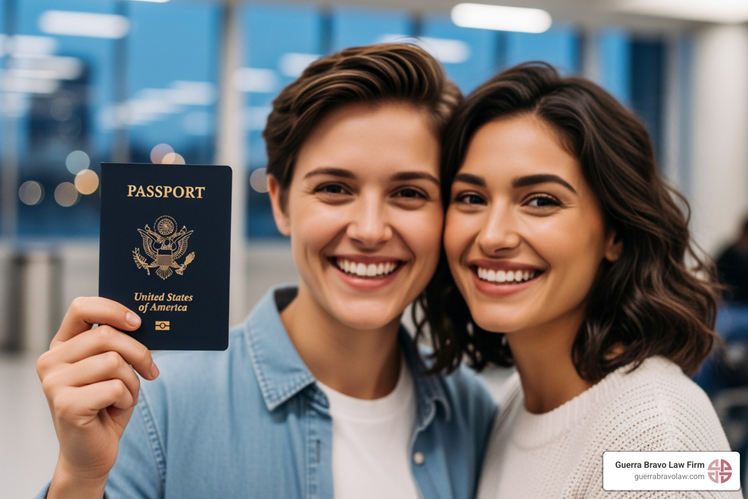 Pareja sonriendo, uno de ellos sosteniendo un pasaporte estadounidense. - Ciudadania por naturalizacion Pareja sonriendo, uno de ellos sosteniendo un pasaporte estadounidense. - Ciudadania por naturalizacion