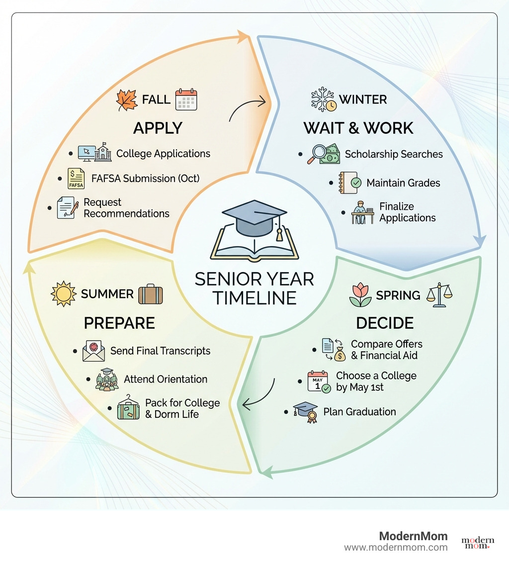 Infographic showing senior year timeline with four seasons: Fall (Apply) - college applications and FAFSA submission; Winter (Wait & Work) - scholarship searches and maintaining grades; Spring (Decide) - comparing offers and choosing a college by May 1st; Summer (Prepare) - orientation, final transcripts, and packing for college - Senior year checklist infographic Infographic showing senior year timeline with four seasons: Fall (Apply) - college applications and FAFSA submission; Winter (Wait & Work) - scholarship searches and maintaining grades; Spring (Decide) - comparing offers and choosing a college by May 1st; Summer (Prepare) - orientation, final transcripts, and packing for college - Senior year checklist infographic