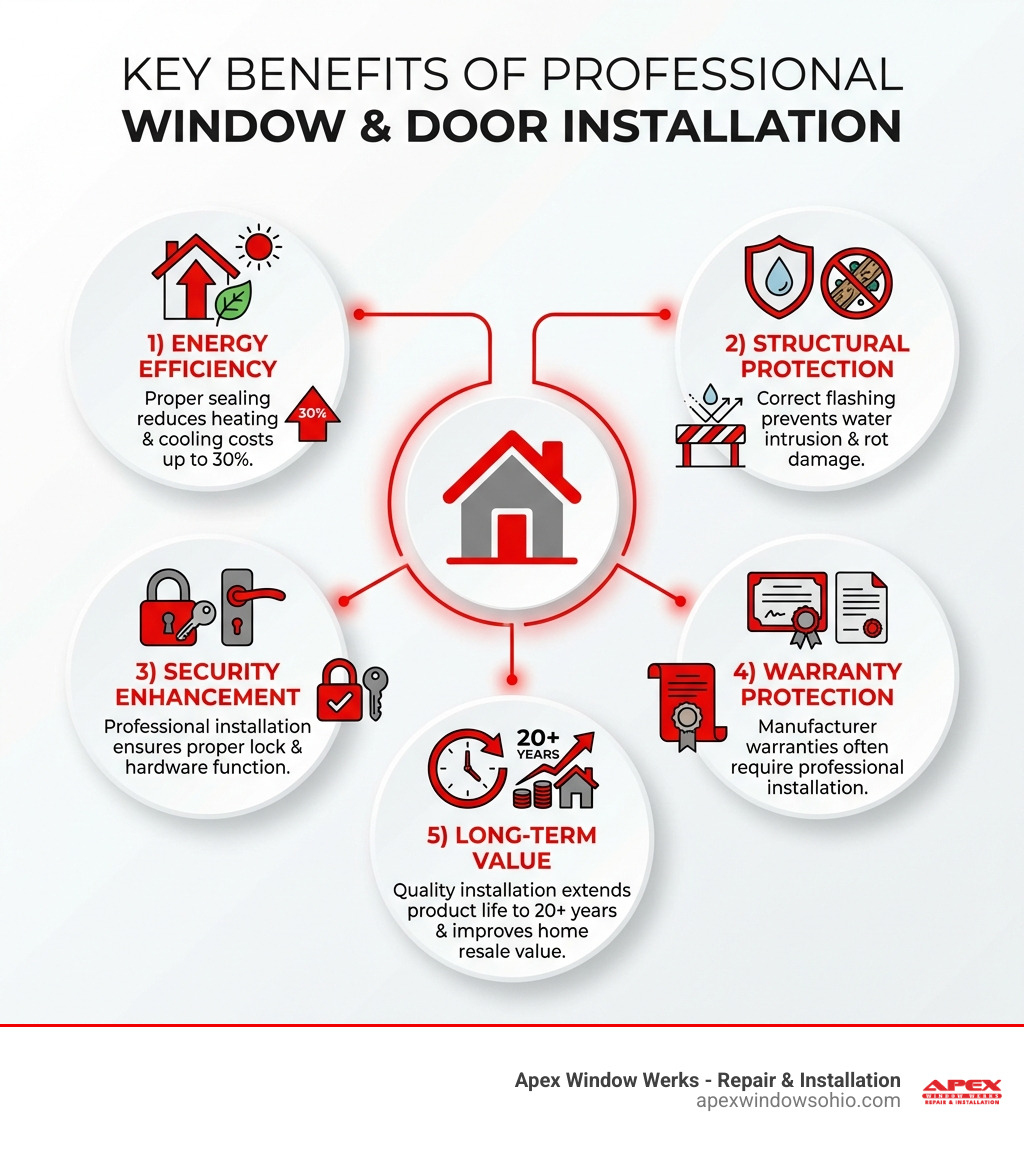 Infographic showing the key benefits of professional window and door installation: 1) Energy Efficiency - proper sealing reduces heating and cooling costs up to 30%, 2) Structural Protection - correct flashing prevents water intrusion and rot damage, 3) Security Enhancement - professional installation ensures proper lock and hardware function, 4) Warranty Protection - manufacturer warranties often require professional installation, 5) Long-term Value - quality installation extends product life to 20+ years and improves home resale value - installing windows and doors infographic 