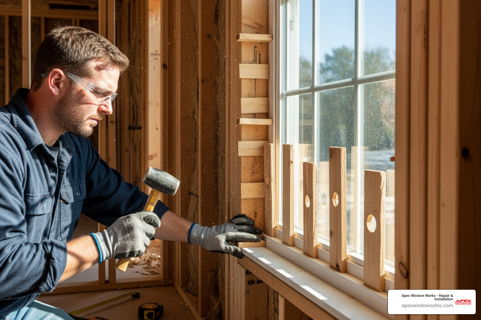 window being shimmed in an opening - installing windows and doors