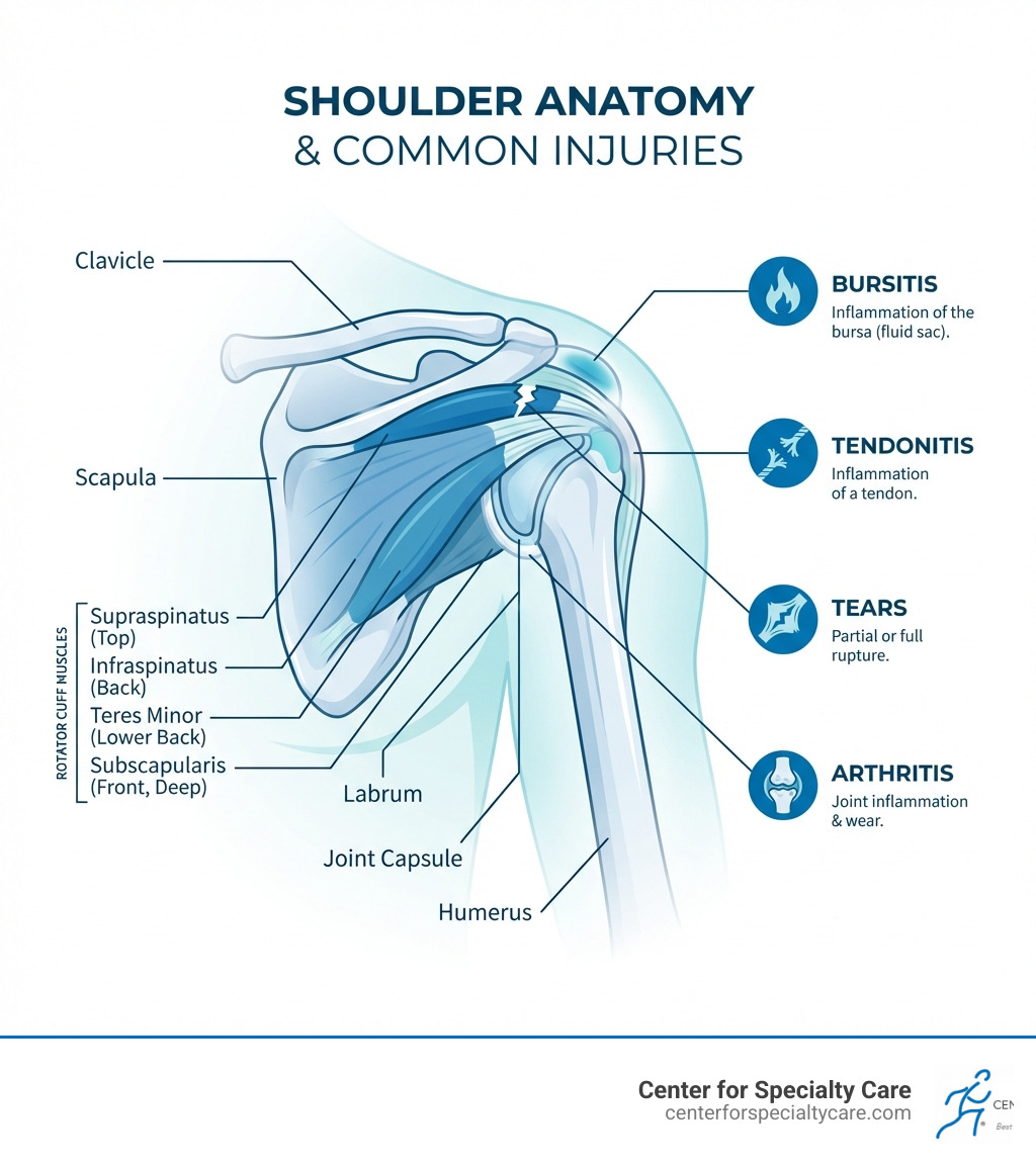 infographic showing shoulder anatomy including humerus bone, scapula, clavicle, rotator cuff muscles (supraspinatus, infraspinatus, teres minor, subscapularis), labrum, joint capsule, and common injury sites with labels for bursitis, tendonitis, tears, and arthritis - Orthopedic shoulder specialist infographic 