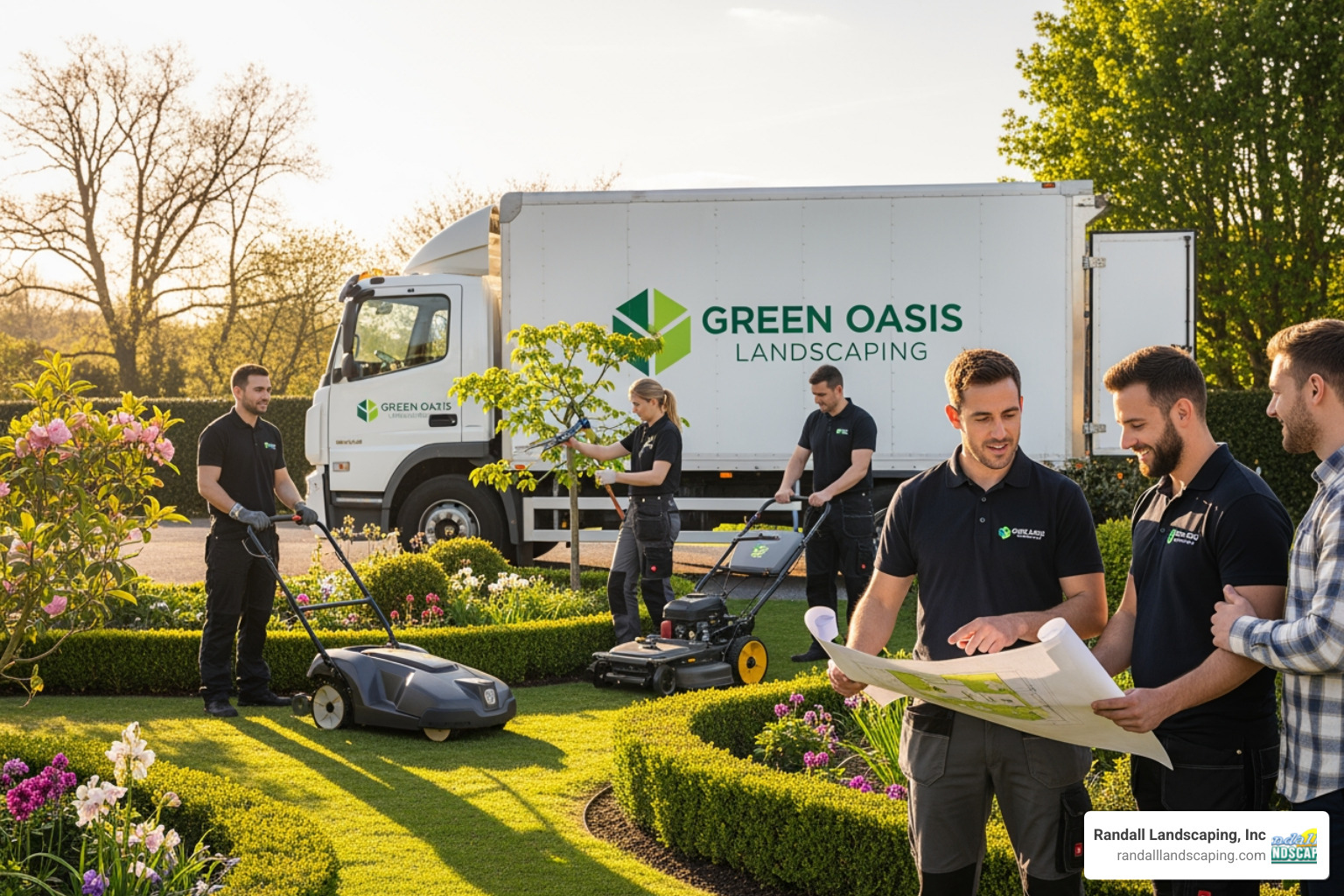 professional landscaping team with branded trucks and clean uniforms working on a project - reliable landscape company