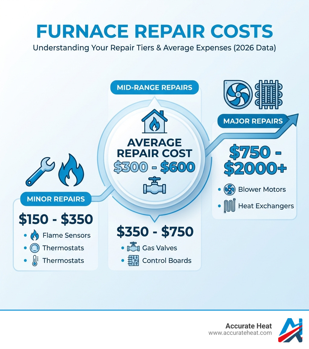 infographic showing three tiers of furnace repair costs: low range $150-$350 for minor repairs like flame sensors and thermostats, mid range $350-$750 for gas valves and control boards, and high range $750-$2000+ for blower motors and heat exchangers, with average repair cost of $300-$600 highlighted in the center - furnace repair prices infographic 