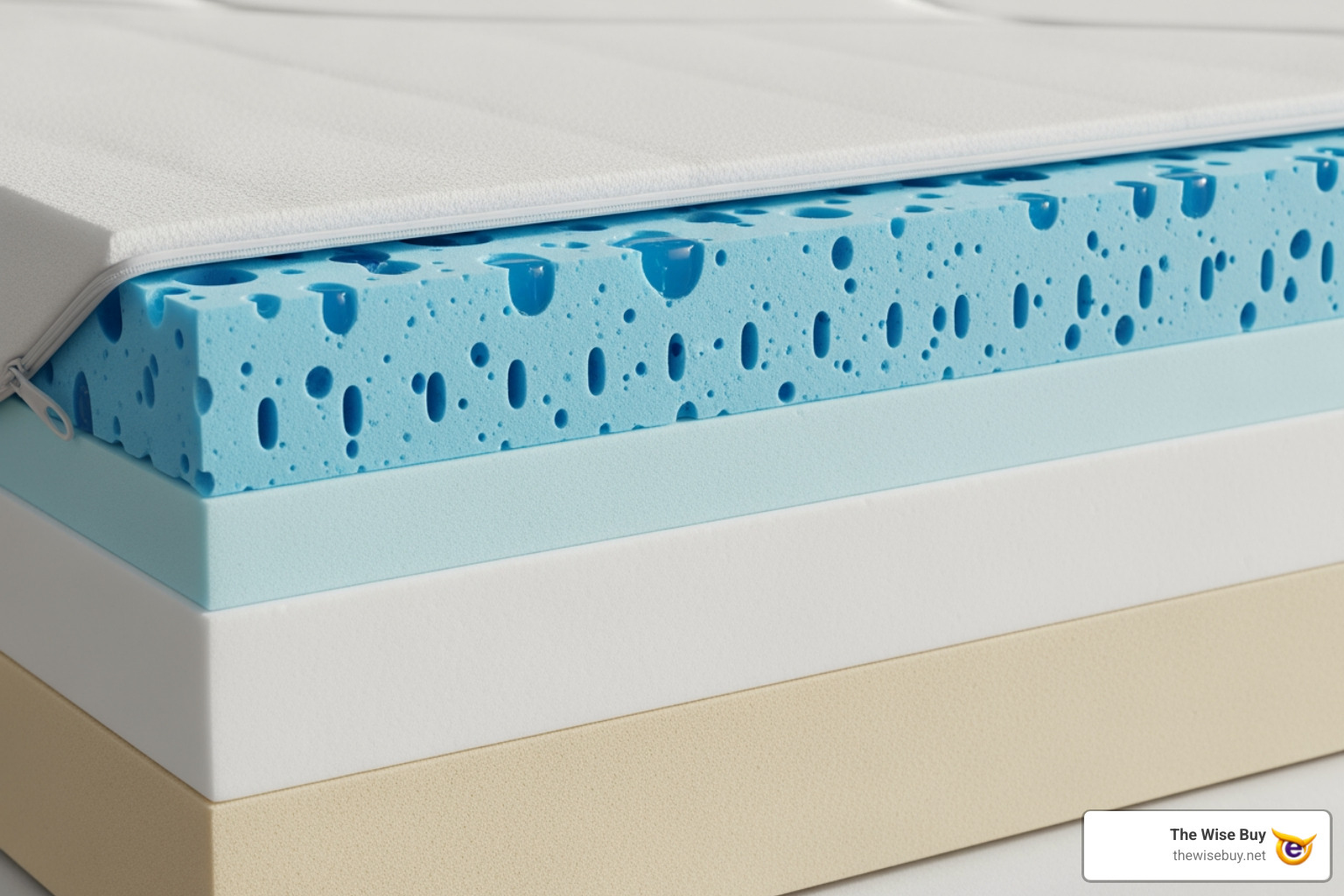 A cross-section of a gel memory foam topper showing layers and features like ventilation holes and gel beads - 3 inch gel memory foam mattress topper