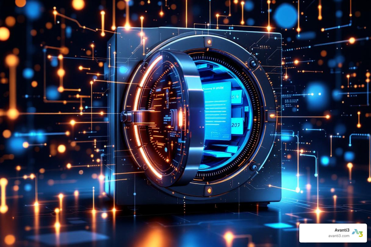 A secure digital vault with a blockchain pattern, representing protected intellectual property - Blockchain digital rights