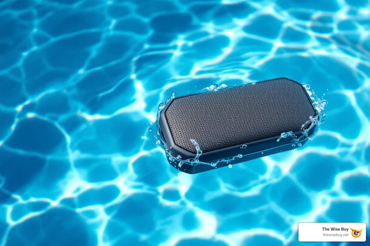 A waterproof speaker floating in a pool, showcasing its waterproof feature, with clear blue water and sunlight reflecting off the surface - Bluetooth speaker sale A waterproof speaker floating in a pool, showcasing its waterproof feature, with clear blue water and sunlight reflecting off the surface - Bluetooth speaker sale
