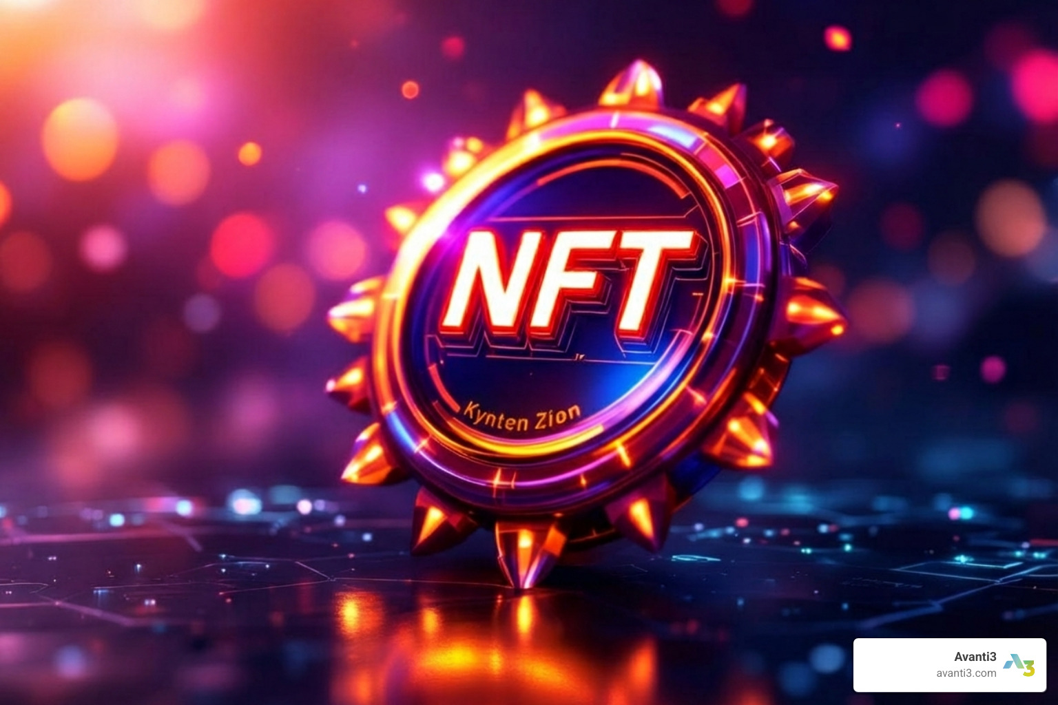 A digital art piece with a glowing NFT badge - Blockchain digital rights