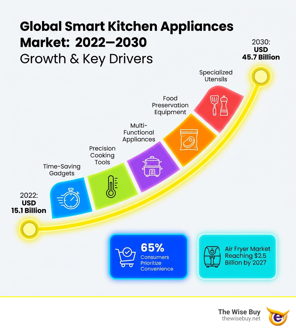 Infographic showing the global smart kitchen appliances market growth from USD 15.1 billion in 2022 to projected USD 45.7 billion by 2030, with key categories including time-saving gadgets, precision cooking tools, multi-functional appliances, food preservation equipment, and specialized utensils, alongside statistics showing 65% of consumers prioritize convenience and the air fryer market reaching $2.5 billion by 2027 - innovative cooking tools infographic Infographic showing the global smart kitchen appliances market growth from USD 15.1 billion in 2022 to projected USD 45.7 billion by 2030, with key categories including time-saving gadgets, precision cooking tools, multi-functional appliances, food preservation equipment, and specialized utensils, alongside statistics showing 65% of consumers prioritize convenience and the air fryer market reaching $2.5 billion by 2027 - innovative cooking tools infographic