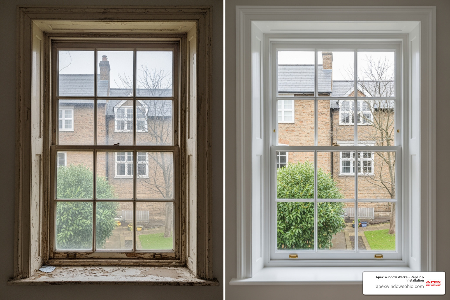 A split-screen image showing a sash window. On the left, the window is worn with peeling paint and visible damage. On the right, the same window is beautifully restored, freshly painted, and in perfect condition. - cost of sash window restoration