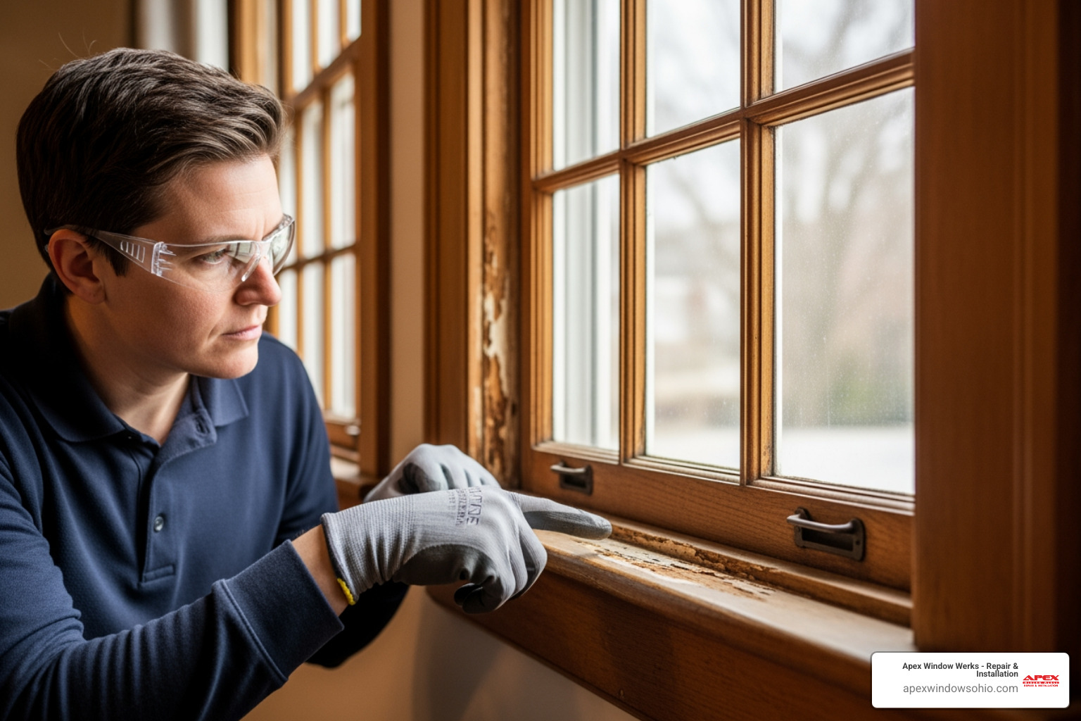 A professional window technician wearing gloves and safety glasses carefully assessing the wooden frame of an old sash window, pointing out areas of damage. - cost of sash window restoration