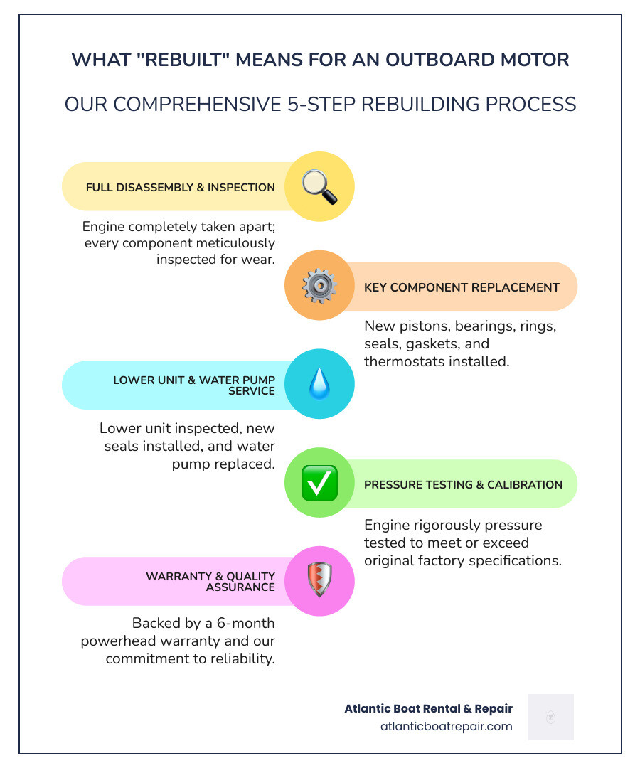 infographic showing the rebuilding process for outboard motors: full disassembly, inspection, replacement of pistons/bearings/rings/seals/gaskets/thermostats, lower unit work with new seals and water pump, pressure testing to factory specs, warranty coverage of 6 months on powerhead and 30 days on remaining components - rebuilt outboard motors for sale infographic infographic-line-5-steps-colors