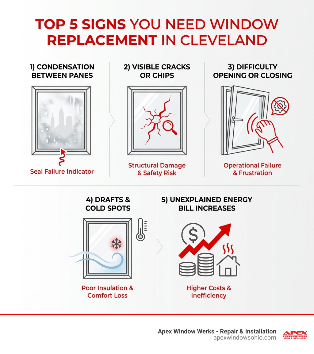 Infographic showing the top 5 signs you need window replacement in Cleveland: 1) Condensation between glass panes indicating seal failure, 2) Visible cracks or chips in glass, 3) Difficulty opening or closing windows, 4) Drafts and cold spots near windows, 5) Unexplained increases in energy bills - glass replacement Cleveland Ohio infographic 