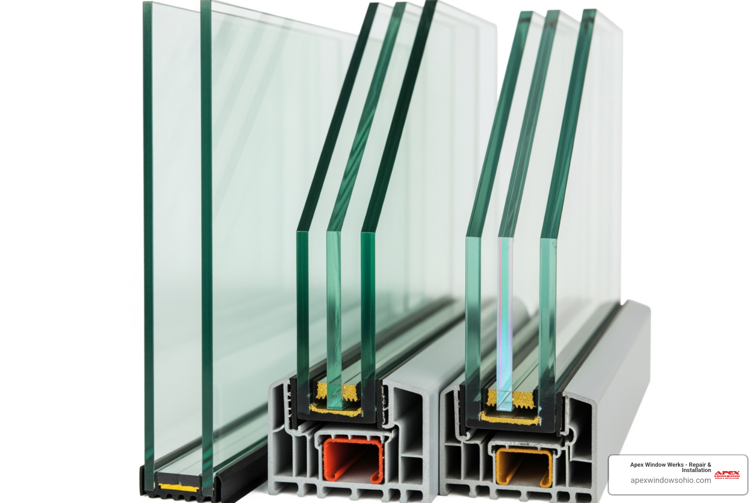 cross-sections of different glass types, including single-pane, double-pane with air gap, and Low-E double-pane - glass window pane replacement near me