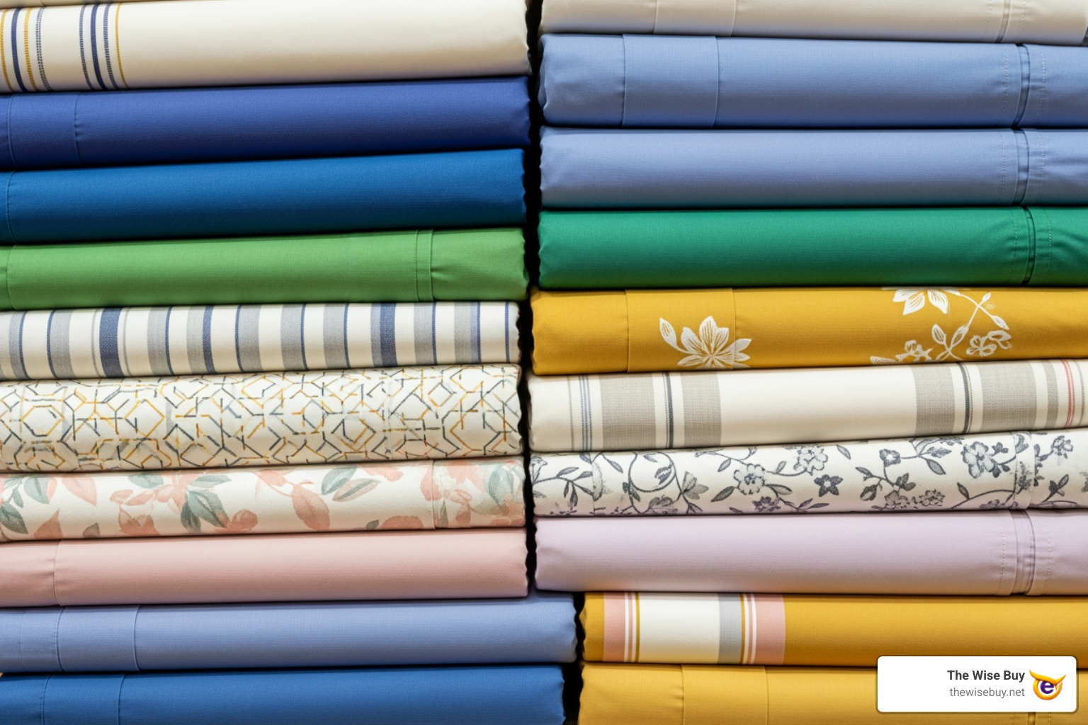 A neatly stacked pile of colorful bed sheet sets, showing various textures and patterns, ready for use - affordable bed sheet sets