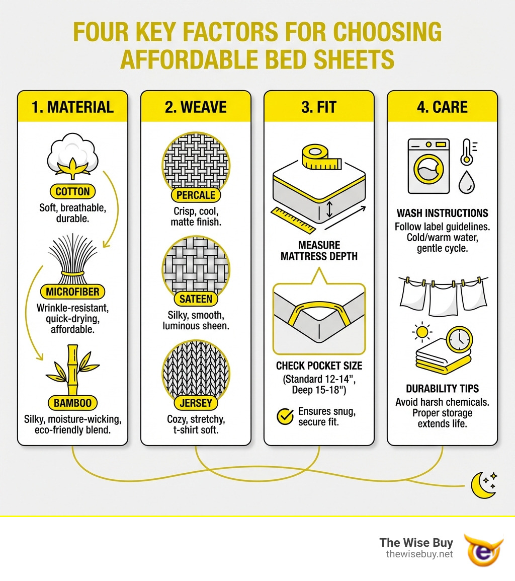 infographic showing four key factors for choosing affordable bed sheets: Material (cotton, microfiber, bamboo), Weave (percale, sateen, jersey), Fit (measure mattress depth, check pocket size), and Care (wash instructions, durability tips) - affordable bed sheet sets infographic 