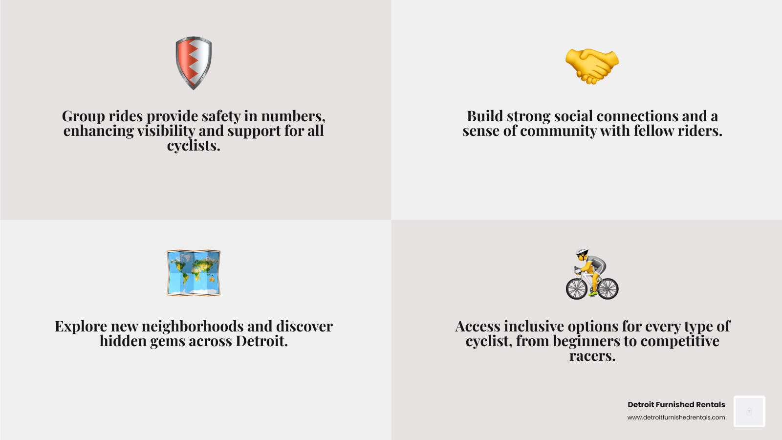 Infographic showing benefits of joining Detroit cycling groups: Social Connection (meet new friends, build community), Physical Fitness (cardiovascular health, low-impact exercise), Safety in Numbers (more visible to drivers, group support), City Exploration (discover new neighborhoods, support local businesses), Skill Development (learn from experienced riders, improve technique), and Inclusive Options (groups for all identities, paces, and experience levels) - Detroit cycling groups infographic 4_facts_emoji_grey Infographic showing benefits of joining Detroit cycling groups: Social Connection (meet new friends, build community), Physical Fitness (cardiovascular health, low-impact exercise), Safety in Numbers (more visible to drivers, group support), City Exploration (discover new neighborhoods, support local businesses), Skill Development (learn from experienced riders, improve technique), and Inclusive Options (groups for all identities, paces, and experience levels) - Detroit cycling groups infographic 4_facts_emoji_grey