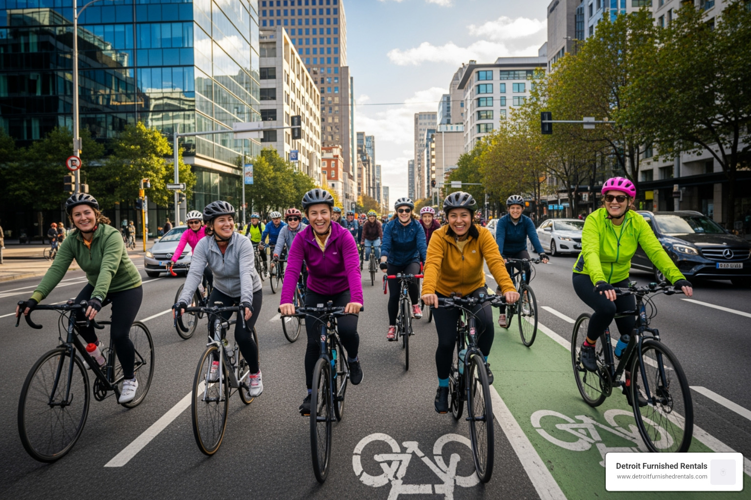 Babes on Bikes Detroit group ride, showing a diverse group of women and non-binary individuals cycling together - Detroit cycling groups Babes on Bikes Detroit group ride, showing a diverse group of women and non-binary individuals cycling together - Detroit cycling groups
