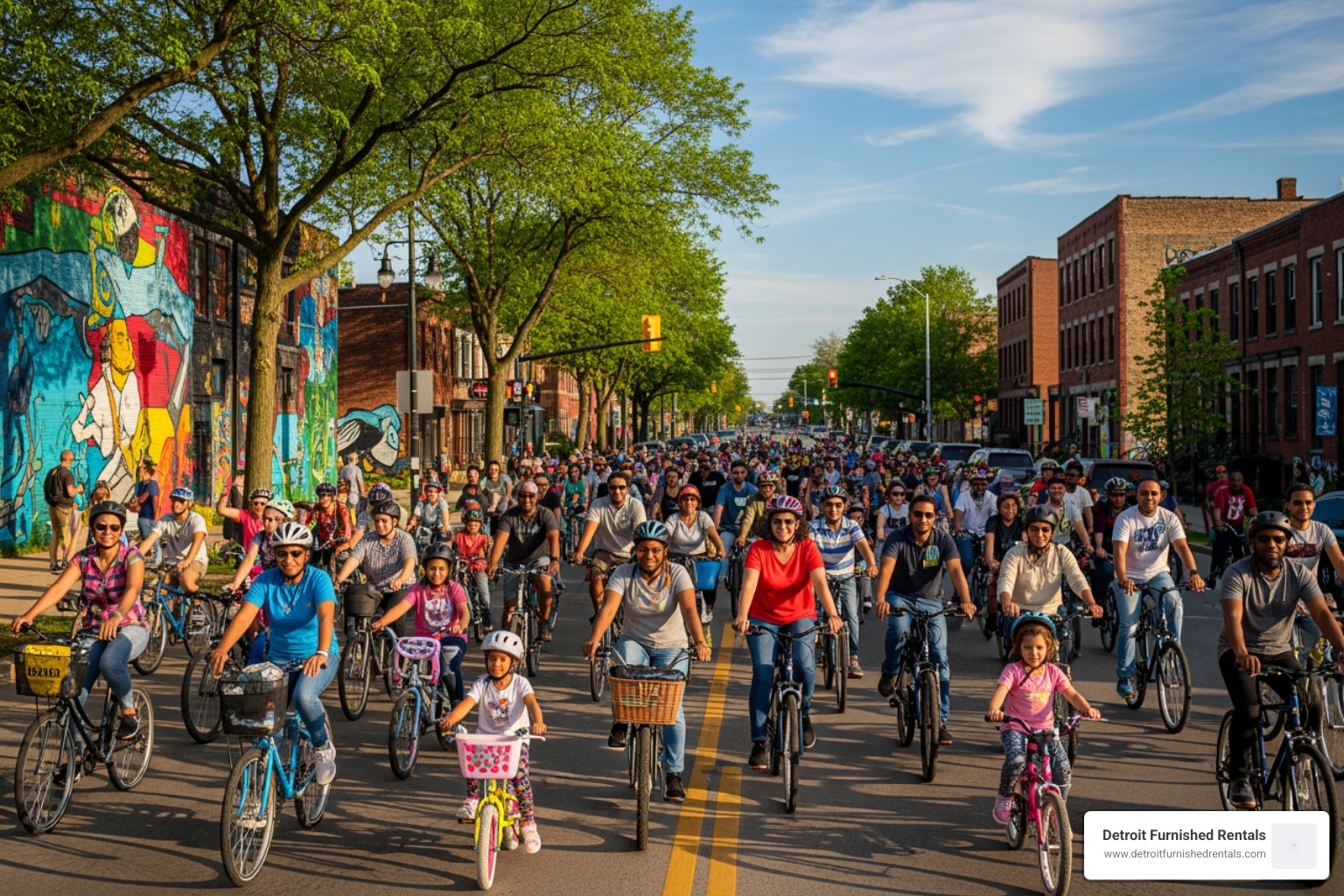 A large, diverse group of cyclists riding through a Detroit neighborhood, showcasing the Slow Roll legacy of community and togetherness - Detroit cycling groups A large, diverse group of cyclists riding through a Detroit neighborhood, showcasing the Slow Roll legacy of community and togetherness - Detroit cycling groups